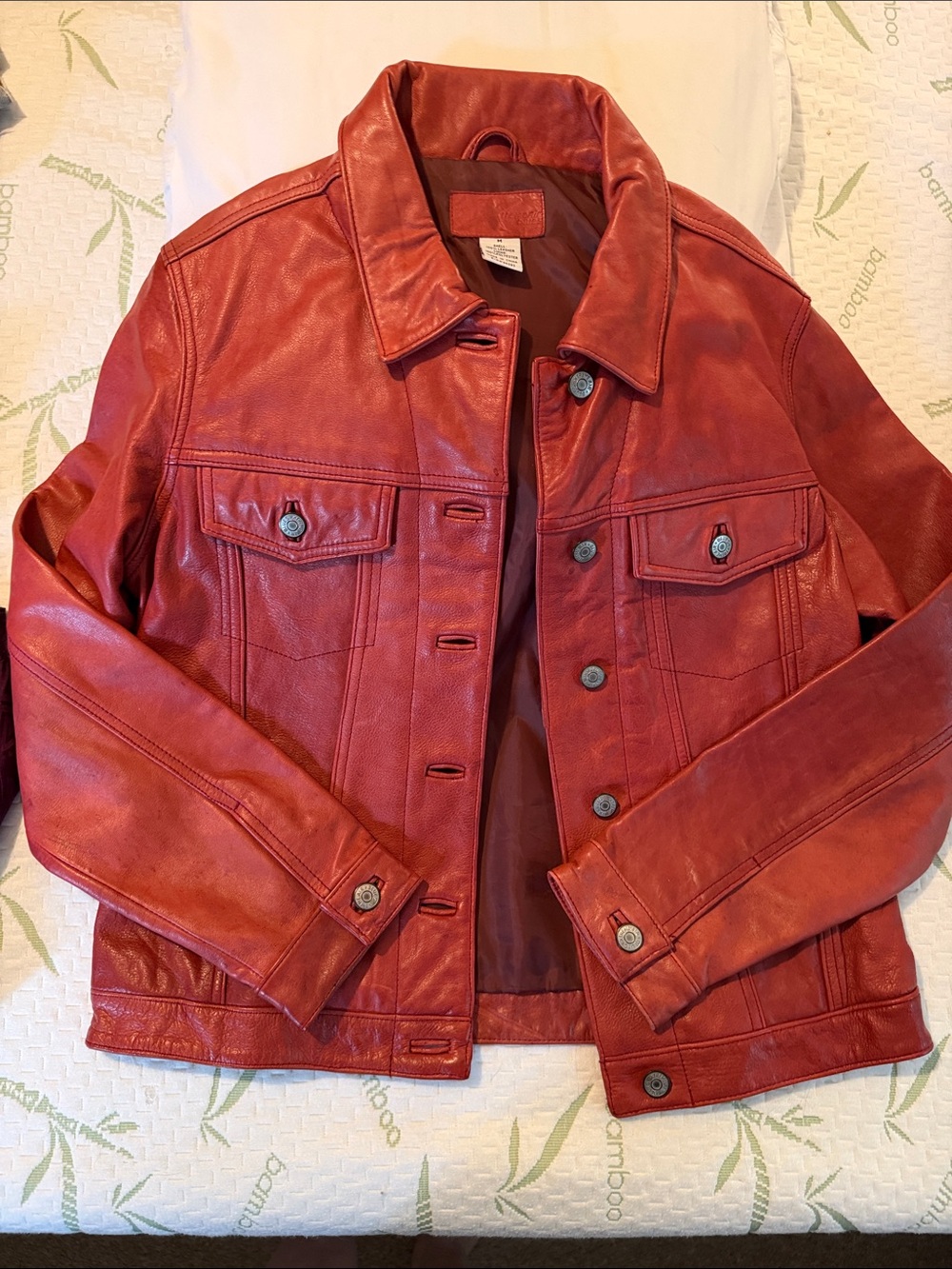 Coffee Shop Women’s Red Leather Jean Jacket - Classic Button-Front Style